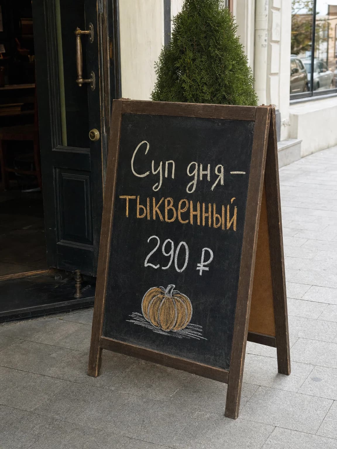 До: меловая доска кафе с надписью «Суп дня – тыквенный» на русском