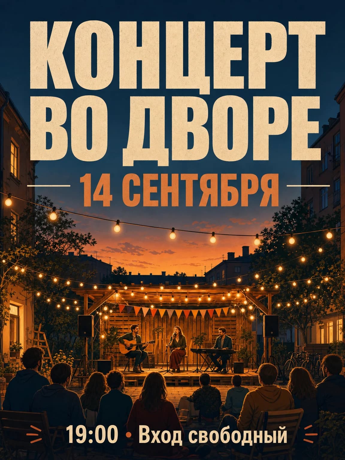 До: афиша концерта во дворе с датой 14 сентября