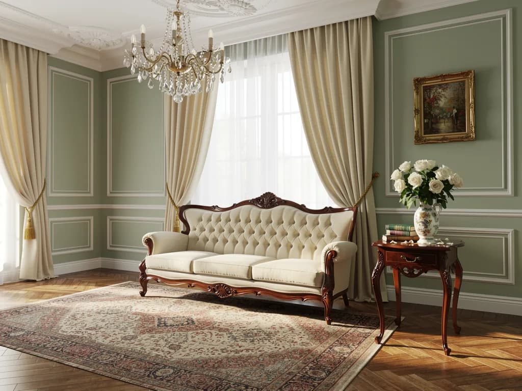 A classic style sample: wall mouldings, a crystal chandelier, a button-tufted sofa