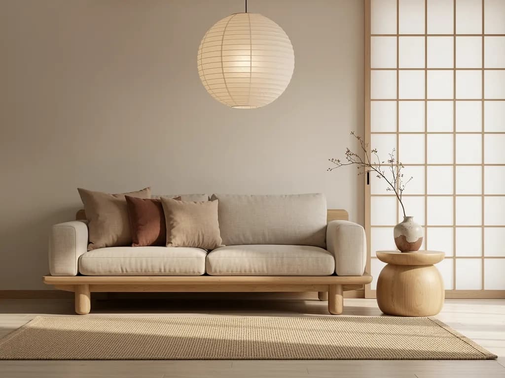 A Japandi sample: a low sofa on a wooden base, a paper lamp, shoji screens