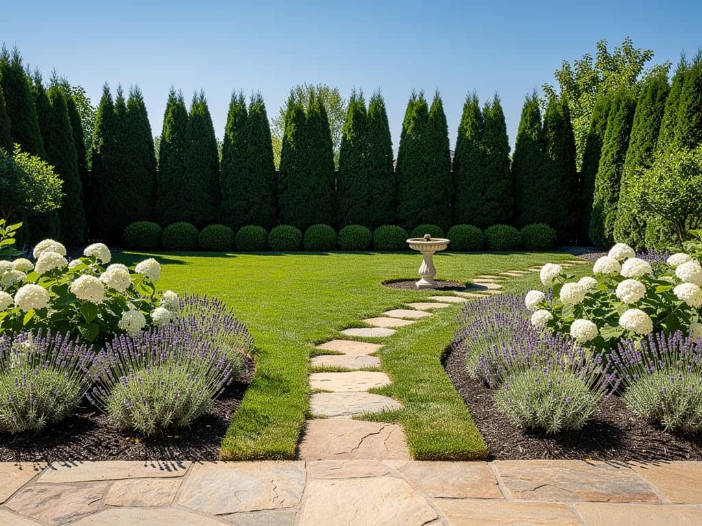 AI landscape design of a plot: a lawn, a flagstone path, a thuja hedge, hydrangeas and lavender