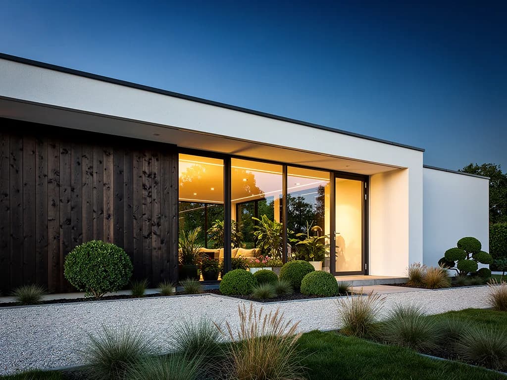 A house facade after AI visualisation: a flat roof, dark wood, white render, panoramic windows