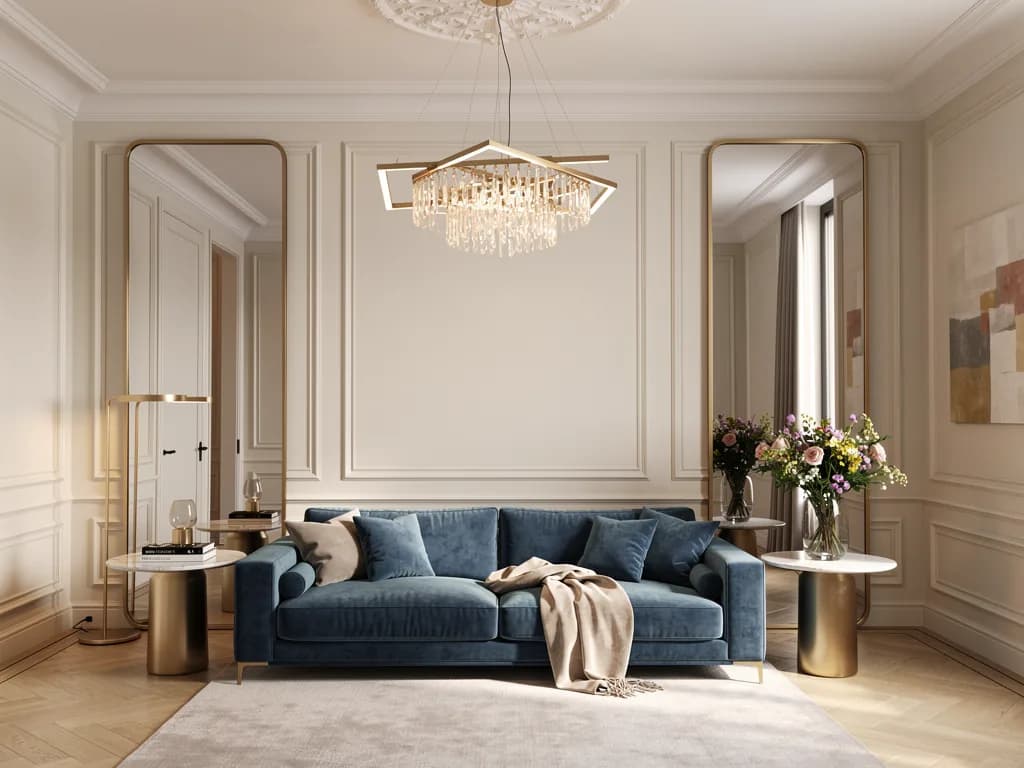 A neoclassical sample: light walls with mouldings, a blue velvet sofa, brass side tables