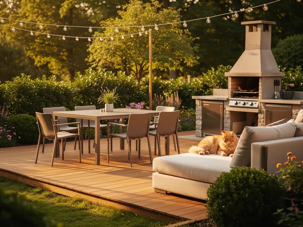 A wooden deck terrace with an outdoor sofa, a dining table and a brick barbecue, evening string lights; a cat asleep on the sofa