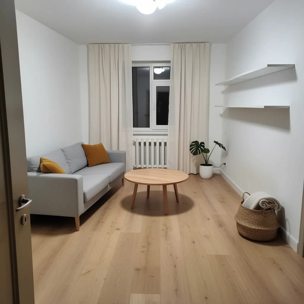 A Scandinavian style sample: white walls, light oak floor, a grey sofa