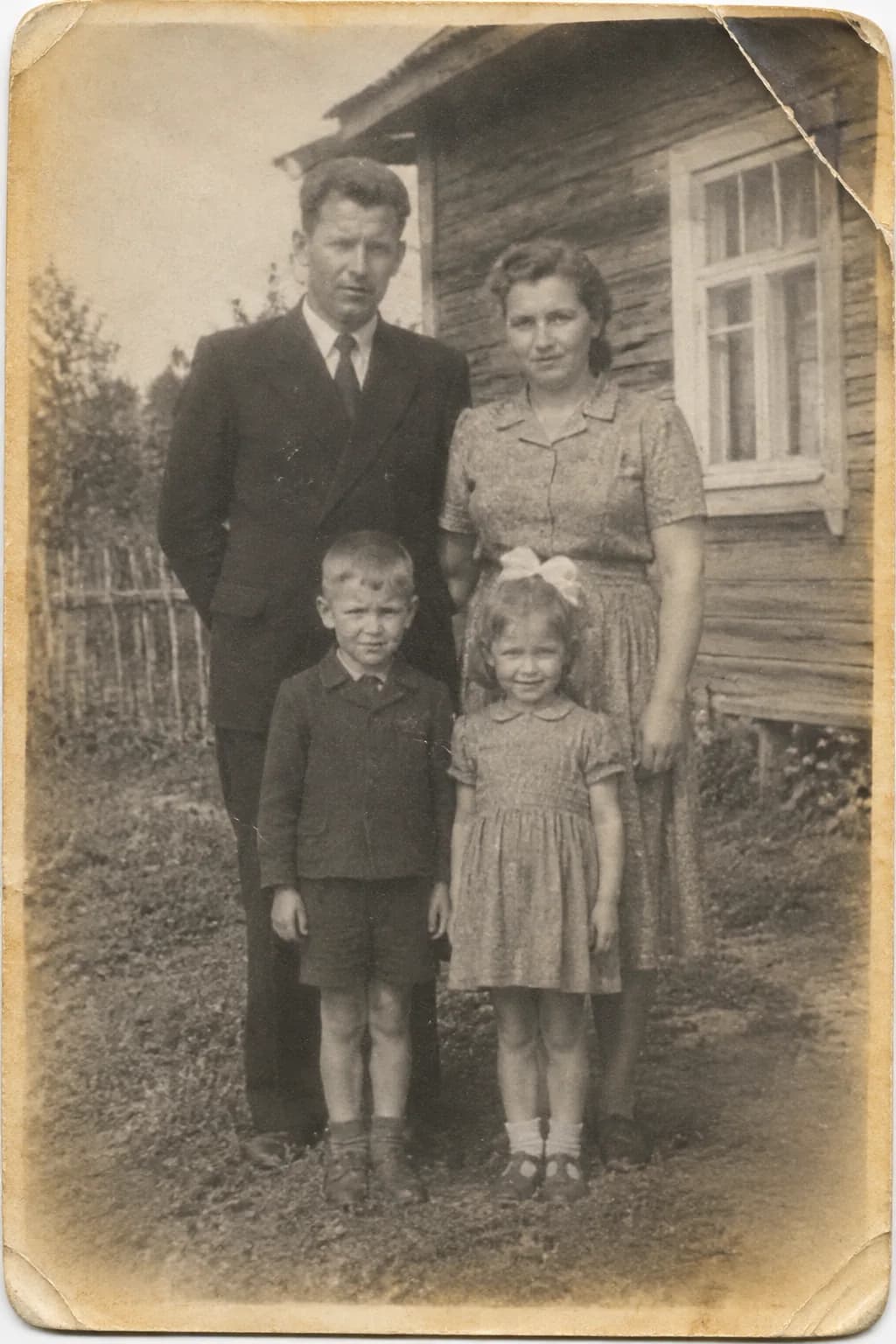 Старая чёрно-белая фотография 1950-х годов: семья у дома, трещины и выцветшие края