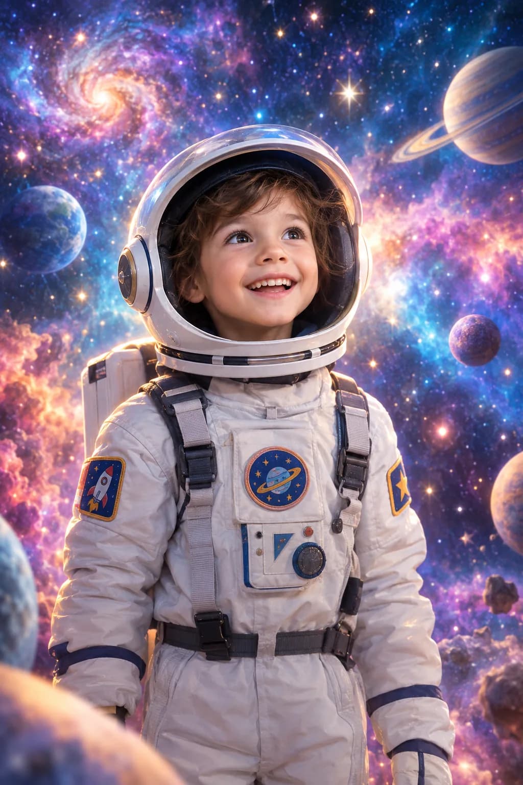 After: a kids AI photoshoot — a child in a space suit among the stars