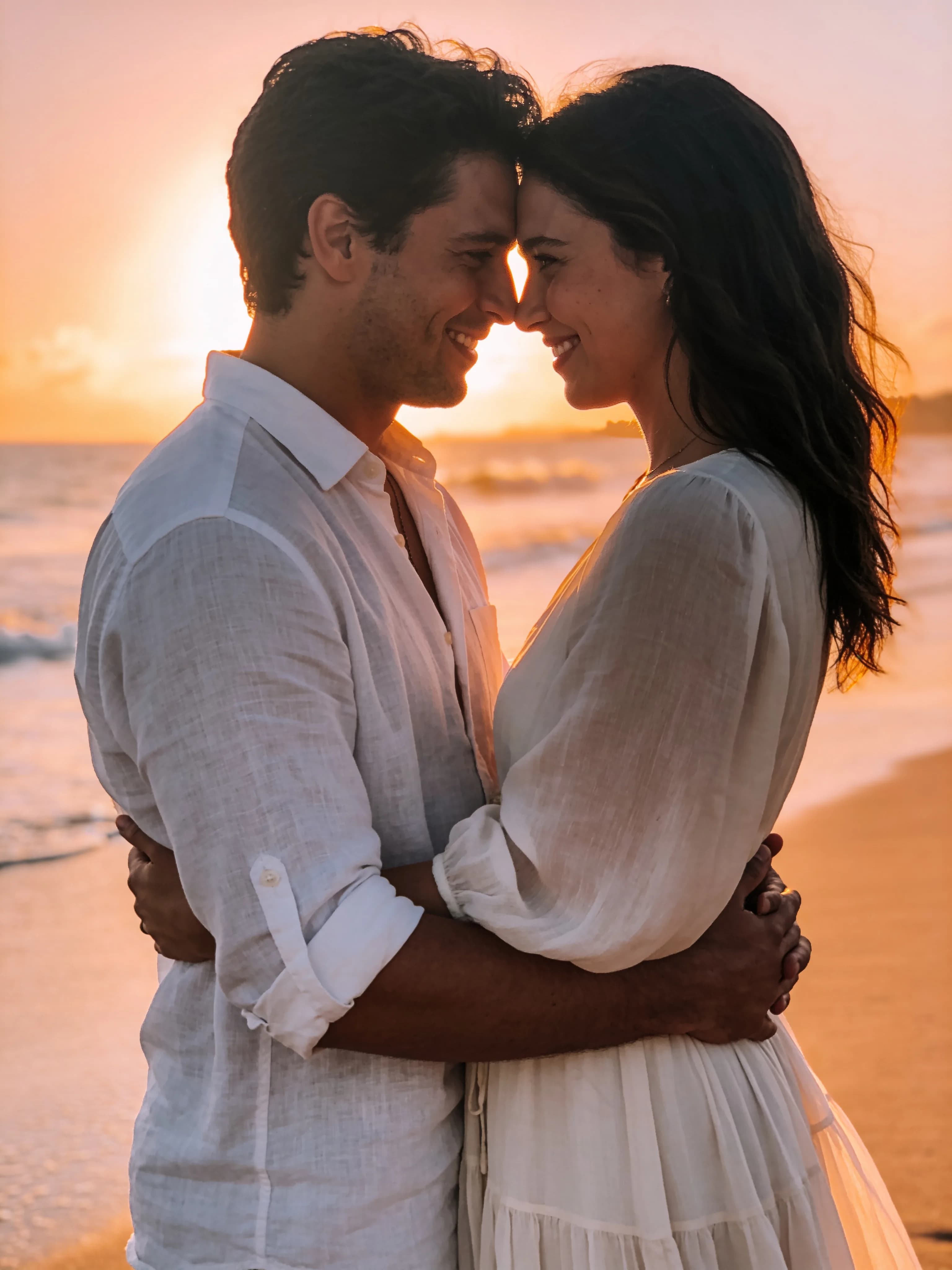 After: a couple AI photoshoot from two photos — the couple by the sea at sunset