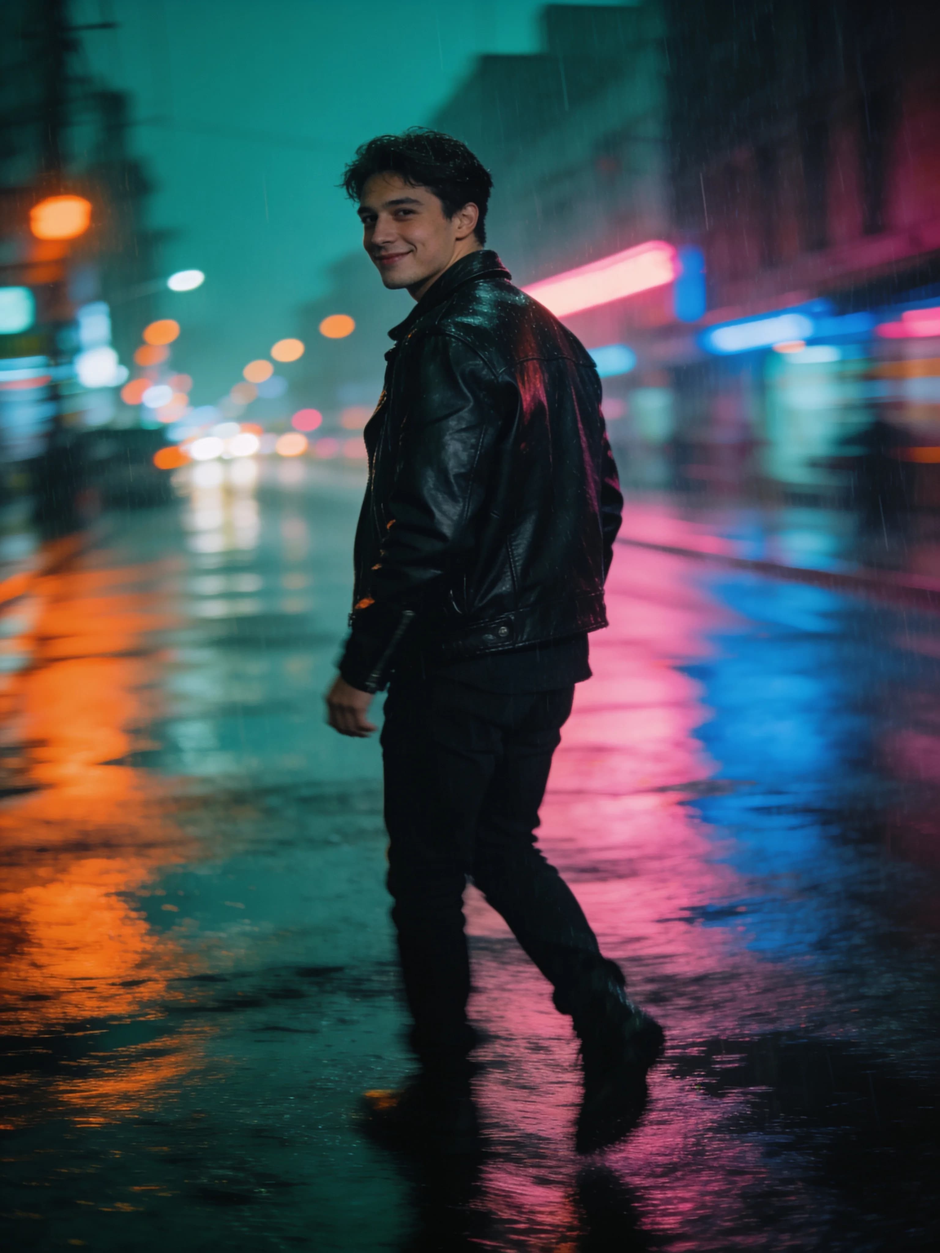 After: a street AI photoshoot — an evening city, neon, a frame in motion