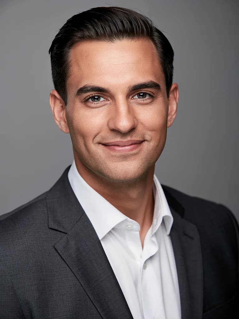 Men’s business portrait made by AI from a photo: a dark jacket, grey background, studio light