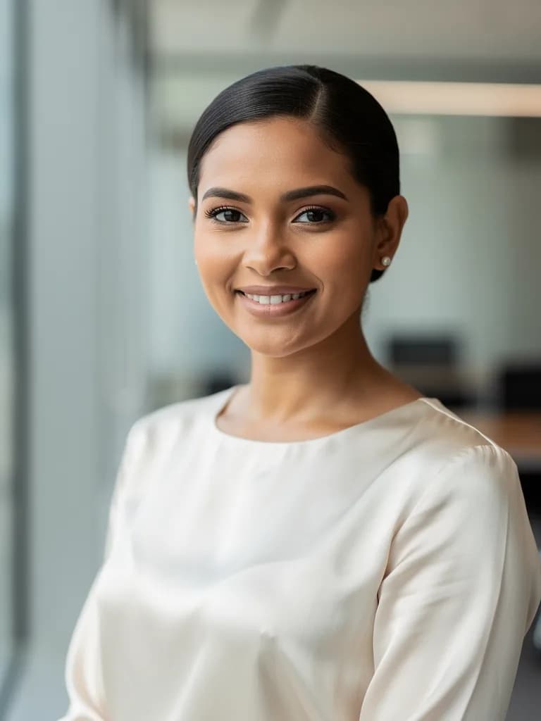 Women’s business portrait from a photo: a light blouse, a blurred office, soft light