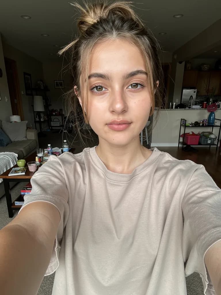 Before: a woman’s selfie at home, taken with the front camera