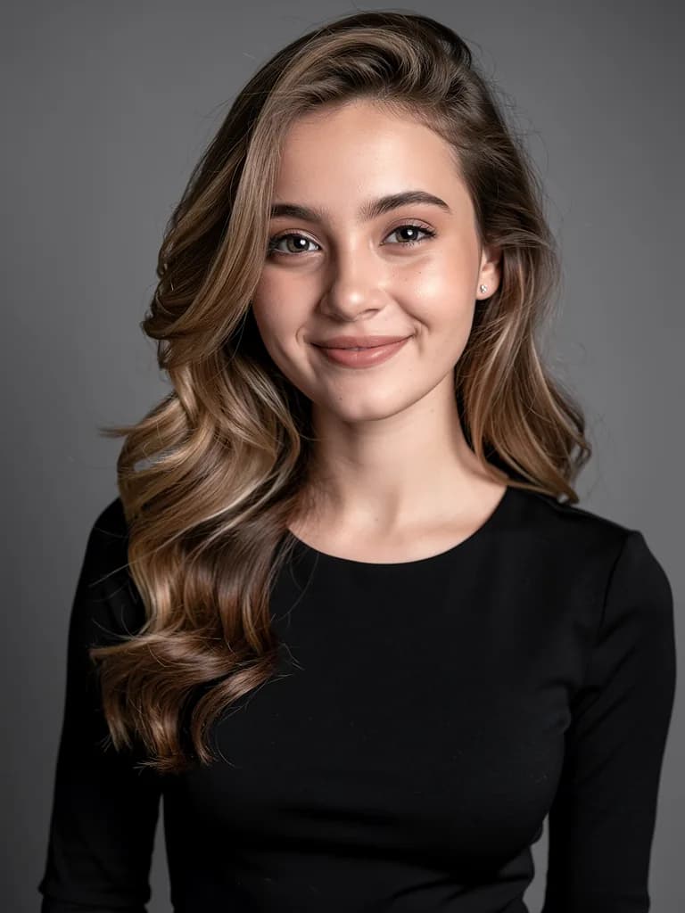 AI photoshoot in the Studio style: seamless grey backdrop, soft light from both sides, a waist-up portrait
