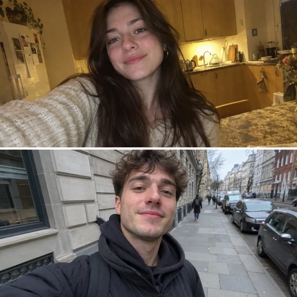 Before: two separate selfies of a couple, different places and light