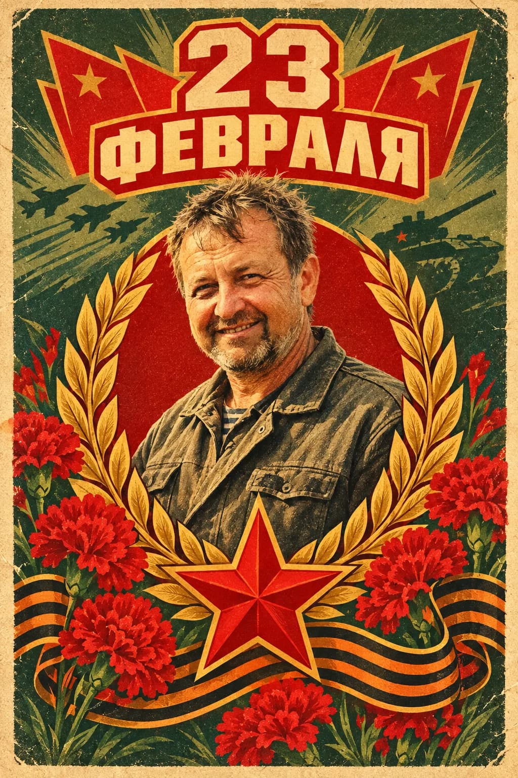 После: открытка к 23 Февраля в стиле СССР по фото — красная звезда, гвоздики, надпись