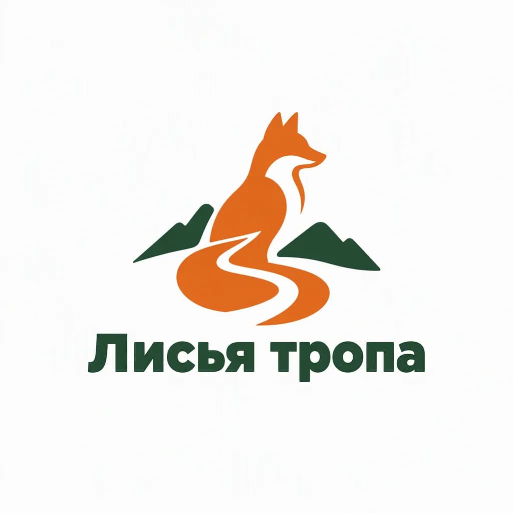 Логотип «Лисья тропа»: рыжая лиса сидит между двумя тёмно-зелёными горами, хвост переходит в извилистую тропу, под знаком надпись жирным гротеском