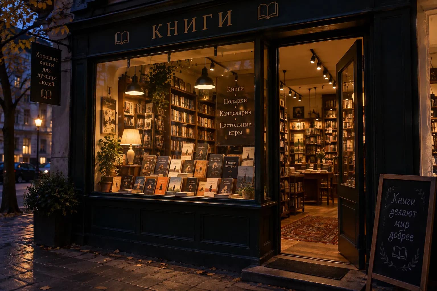Витрина книжного магазина вечером с вывеской «Книги» и меловой доской у входа — результат короткого запроса