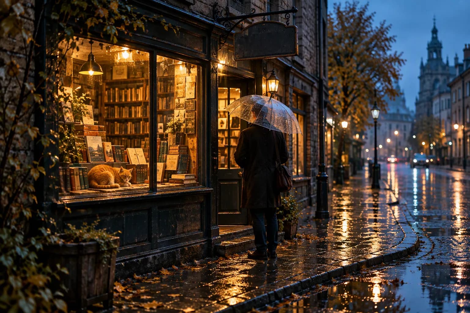 Книжная лавка дождливым осенним вечером: тёплый свет витрины на мокрой брусчатке, рыжий кот спит среди книг, у двери прохожий с прозрачным зонтом