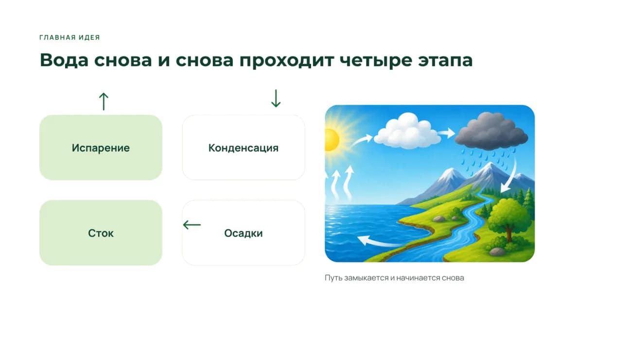 Схема из четырёх этапов: испарение, конденсация, осадки, сток — и рисунок круговорота над морем и горами