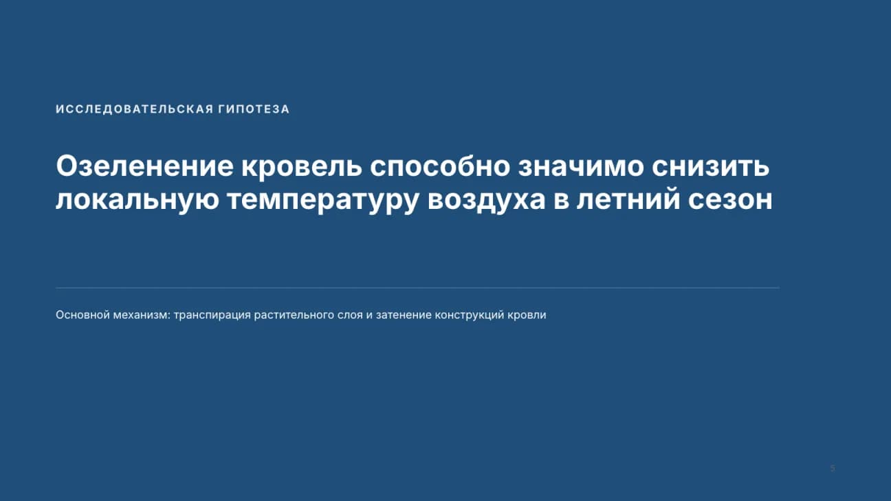 Слайд с исследовательской гипотезой на синем фоне: озеленение кровель снижает температуру воздуха летом
