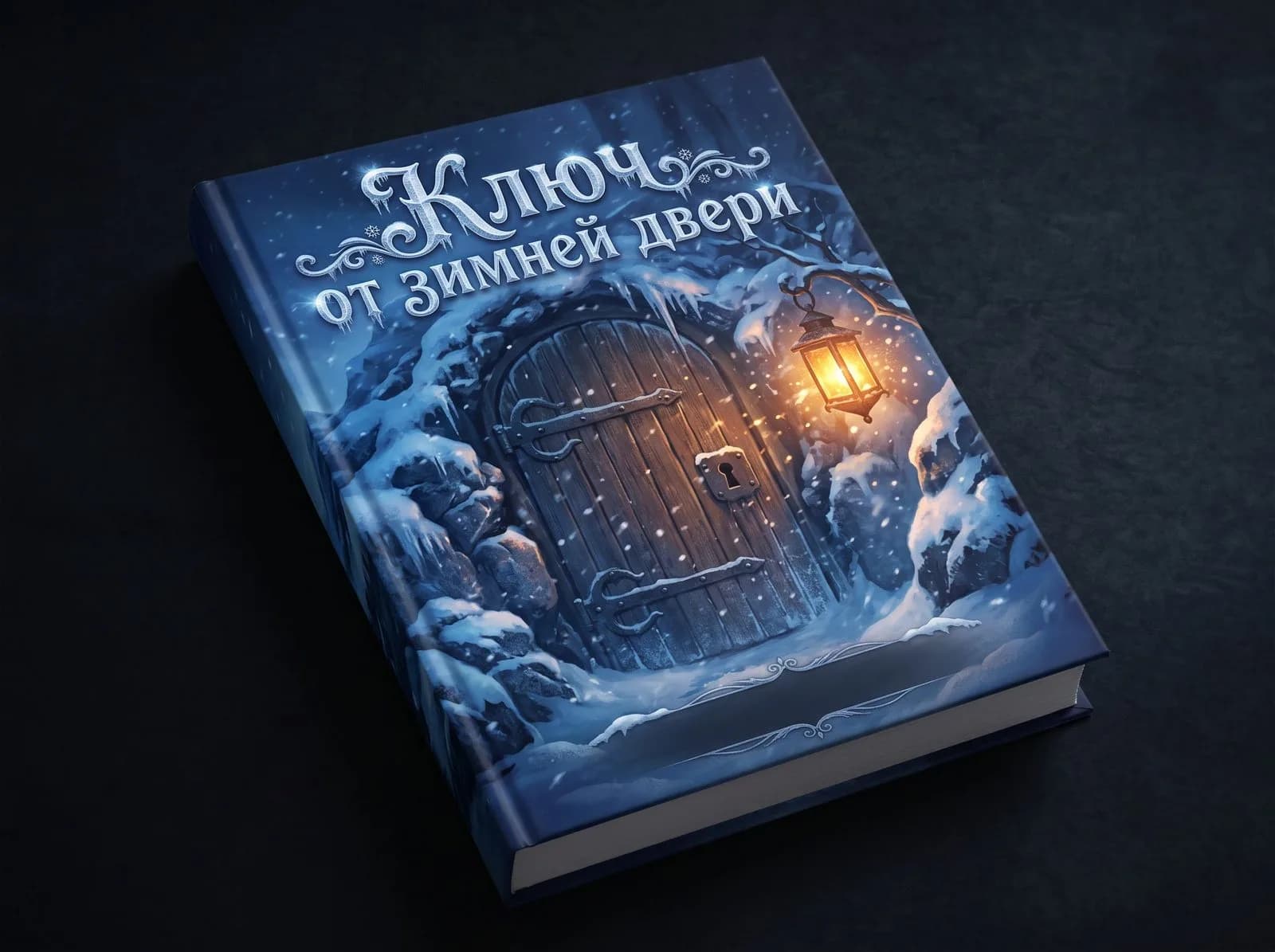 An AI-made cover for the fairy tale “The Key to the Winter Door”: a snowed-in door in a cliff and a lantern