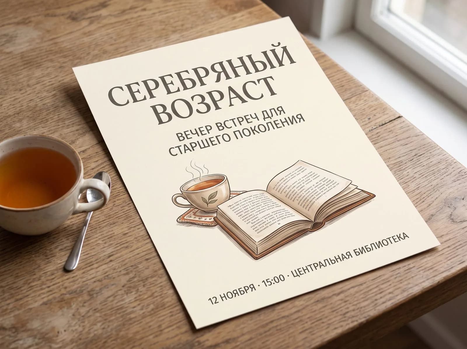 Афиша литературной гостиной для старшего поколения с названием «Серебряный возраст», сделанная нейросетью