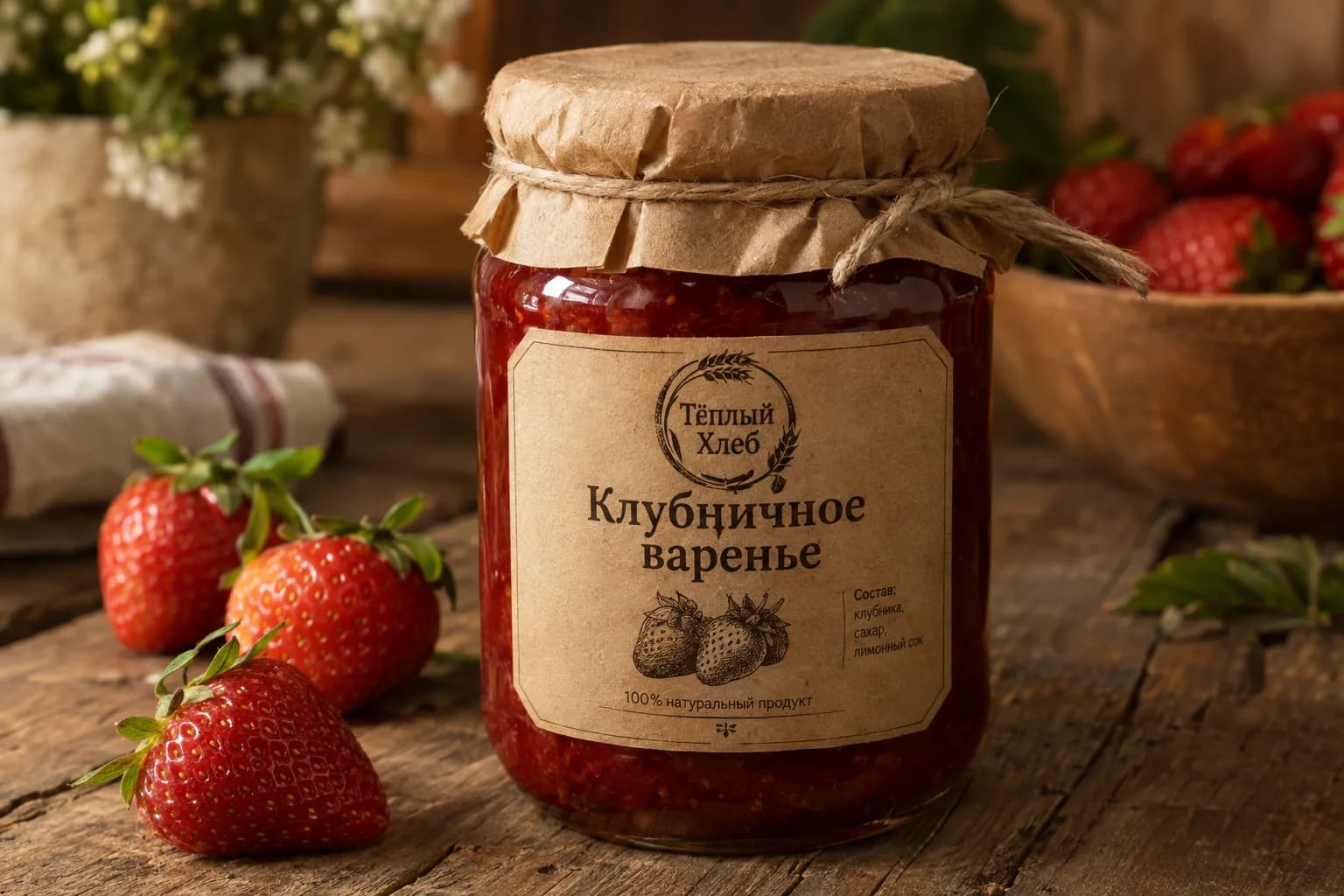 Этикетка для банки варенья с логотипом, созданная нейросетью по описанию
