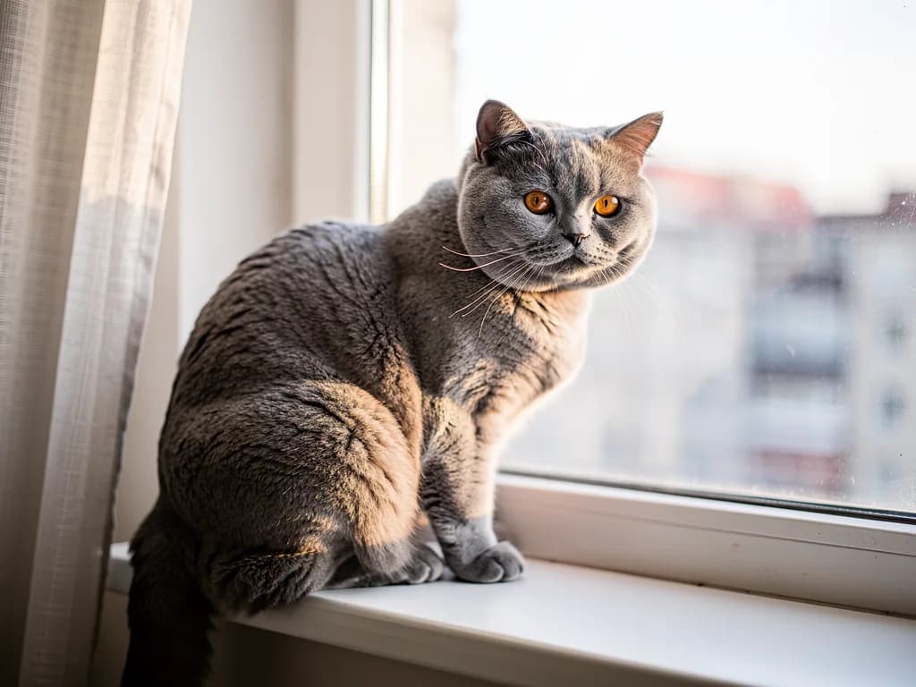 After: a British cat on a windowsill after AI photo enhancement, with crisp fur and eyes