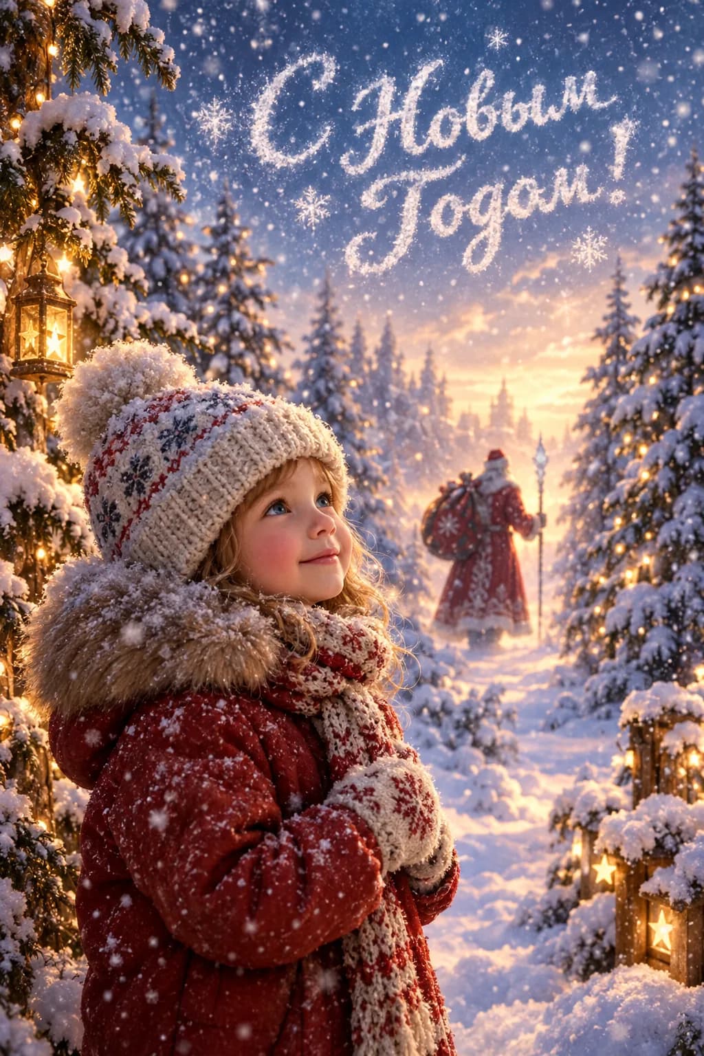 Новогодняя открытка по фото ребёнка: зимний лес, снег, Дед Мороз на заднем плане