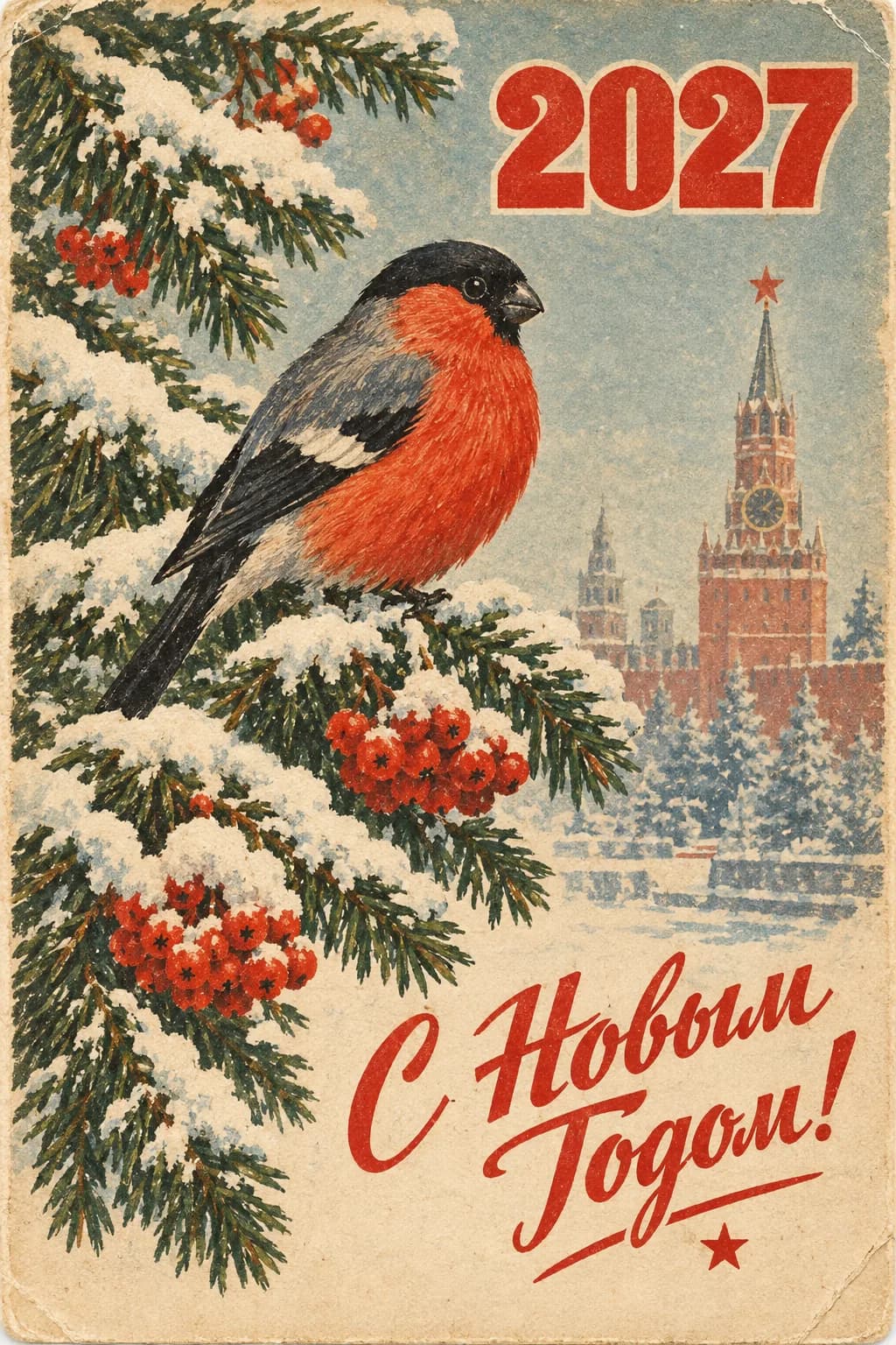Новогодняя открытка в советском ретро-стиле: снегирь, еловая ветка, год крупно