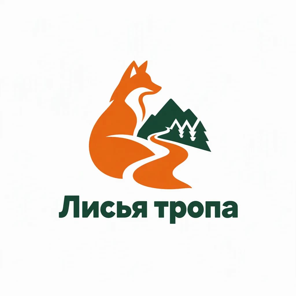 Вариант логотипа «Лисья тропа»: рыжая лиса рядом с зелёной горой и ёлками, тропа уходит вправо